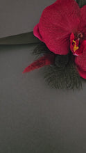 Load and play video in Gallery viewer, Elegant burgundy orchid corsage w gold glitter &amp; black feathers - School formal, prom, graduation, wedding

