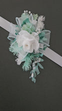 Load and play video in Gallery viewer, Preserved flowers corsage, teal, mint, white, silver &amp; pearls – school formal, prom, graduation, wedding

