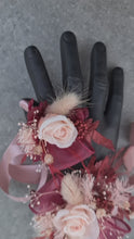 Load and play video in Gallery viewer, Blush pink &amp; burgundy preserved flowers corsage &amp; buttonhole – school formal, prom, wedding
