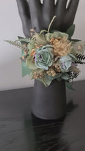 Load and play video in Gallery viewer, Antique gold &amp; green everlasting flowers corsage – school formal, prom, wedding
