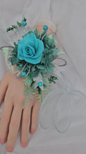 Load and play video in Gallery viewer, Turquoise &amp; teal preserved flowers corsage w crystals - School formal, prom, graduation, wedding
