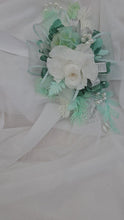Load and play video in Gallery viewer, Preserved flowers corsage, teal, mint, white, silver &amp; pearls – school formal, prom, graduation, wedding
