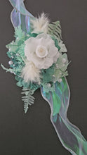 Load and play video in Gallery viewer, Teal, mint &amp; white preserved flowers corsage w pearls - School formal, prom, graduation, wedding
