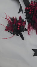 Load and play video in Gallery viewer, Red &amp; black everlasting flowers corsage &amp; buttonhole set - School formal, prom, graduation, wedding
