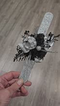 Load and play video in Gallery viewer, Preserved flowers black &amp; silver snap lock corsage – school formal, prom, graduation
