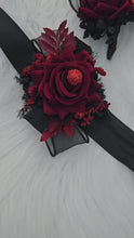 Load and play video in Gallery viewer, Burgundy black everlasting flowers corsage &amp; boutonniere set w red glitter - School formal, prom, graduation, wedding
