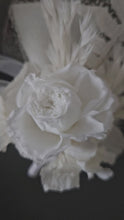 Load and play video in Gallery viewer, Off White &amp; white preserved French peony corsage &amp; buttonhole AB2136 - School formal, prom, graduation
