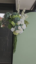 Load and play video in Gallery viewer, Green &amp; white – 3 x backdrops &amp; 2 x flowers + flower stand + cake stand + welcome sign – Deluxe Package - HIRE ONLY

