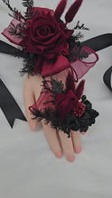 Load and play video in Gallery viewer, Black &amp; burgundy corsage &amp; buttonhole set - School formal, prom, graduation, wedding
