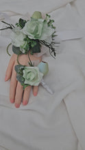 Load and play video in Gallery viewer, Green &amp; white corsage &amp; buttonhole set Style 3 - School formal, prom, graduation, wedding
