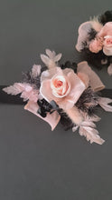 Load and play video in Gallery viewer, Blush pink &amp; black preserved flowers corsage &amp; buttonhole – school formal, prom, wedding
