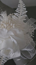 Load and play video in Gallery viewer, White reflexed preserved mini rose corsage &amp; buttonhole AB2138 - School formal, prom, graduation
