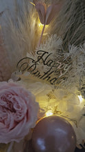Load and play video in Gallery viewer, Happy Birthday preserved flowers in dusty pink, neutral &amp; blush colours with preserved peony n lights
