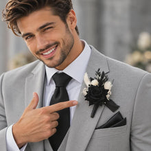 Load and play video in Gallery viewer, Black &amp; off-white everlasting flowers buttonhole AB2207 – Wedding, Prom, Graduation
