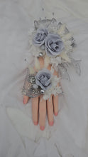 Load and play video in Gallery viewer, Preserved flowers snap lock corsage &amp; buttonhole - silver, grey &amp; white - School formal, prom, graduation, wedding
