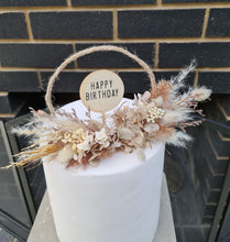 Load image into Gallery viewer, Boho style preserved everlasting flowers “Happy Birthday” cake hoop
