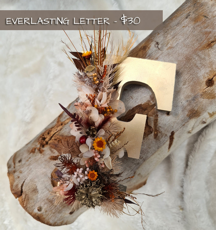 Preserved Everlasting flowers letter F - 15cm -  Rustic Gold