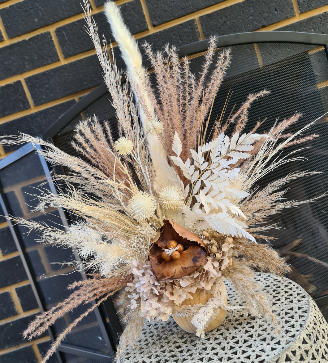 Boho Everlasting flowers in wooden barrel shaped pot