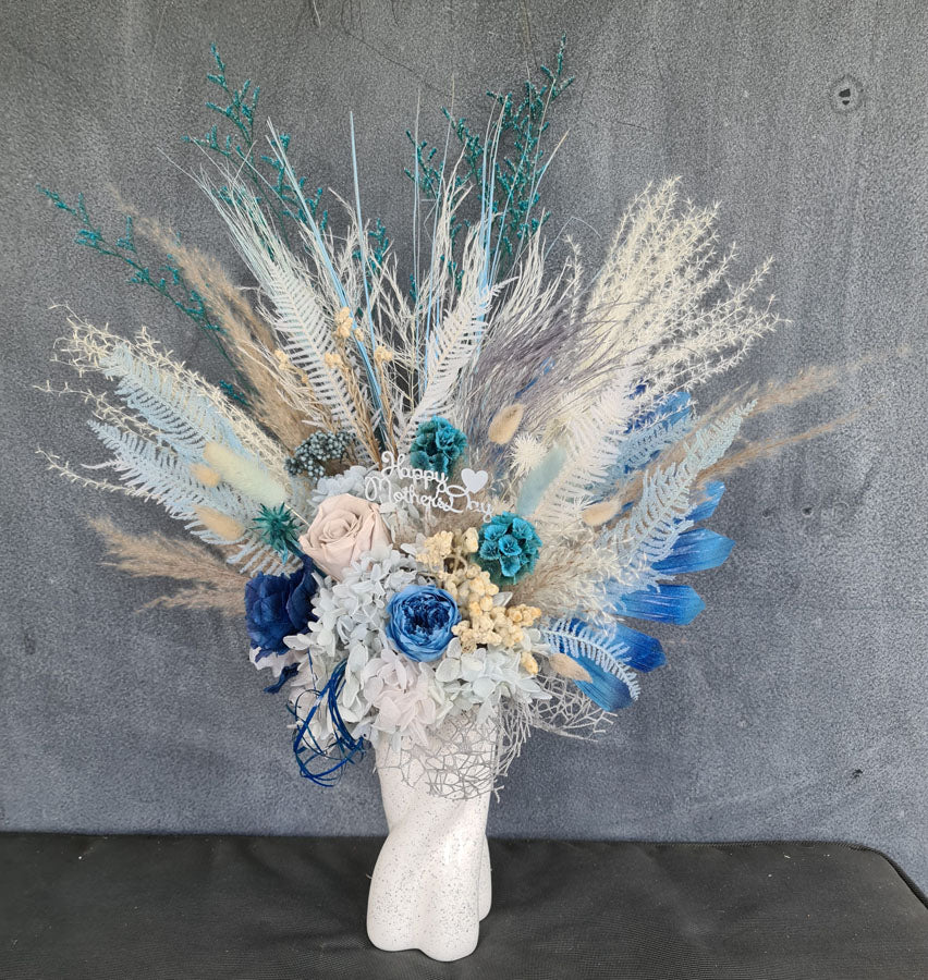 X - Blue & grey everlasting flowers with peony
