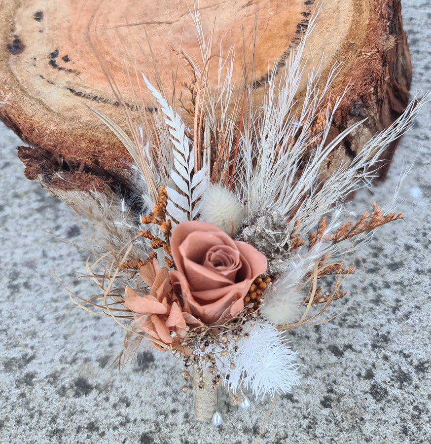 X - Preserved mini rose buttonhole - rustic